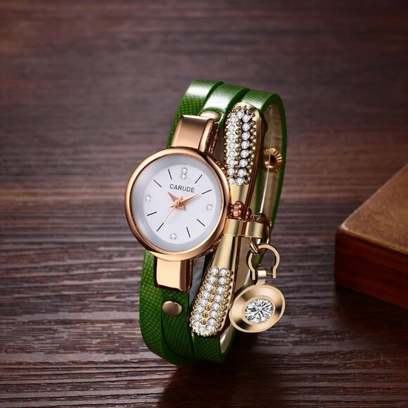 Elegant Women's Wrap Bracelet Watch with Rhinestone and Multilayer Leather - Picture 4 of 7